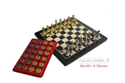 Metal chess men and leatherette chess board